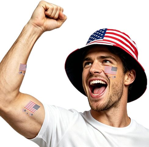 Reversible Patriotic Bucket Hat with Temporary Tattoos, Lightweight Packable Sun Hat for Festivals, Game Day & Outdoor Events in Saudi Arabia