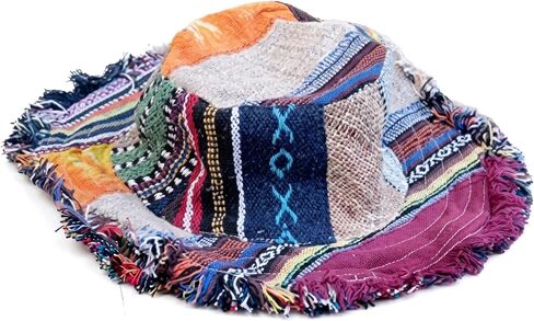 Frayed Patchwork Bucket Hat – Wide Brim, Boho Hemp Sun Bucket Hat for Beach Hiking Festival, and Casual Wear in Kuwait