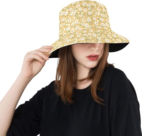 Yellow Watercolor Daisy Bucket Hat for Women, Wide Brim | Reversible, Foldable, UV Protection, Fisherman Sun Hat in Kuwait