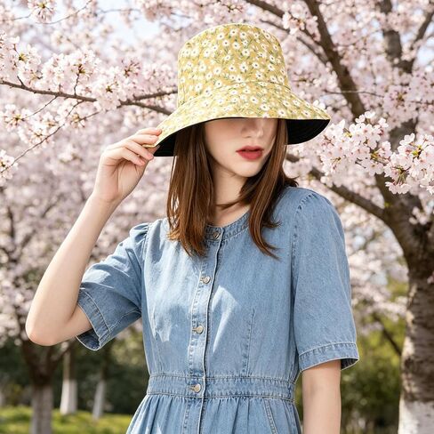 Yellow Watercolor Daisy Bucket Hat for Women, Wide Brim | Reversible, Foldable, UV Protection, Fisherman Sun Hat in Kuwait