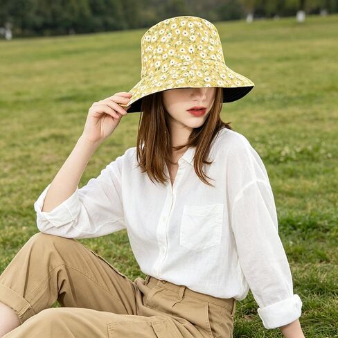 Yellow Watercolor Daisy Bucket Hat for Women, Wide Brim | Reversible, Foldable, UV Protection, Fisherman Sun Hat in Kuwait