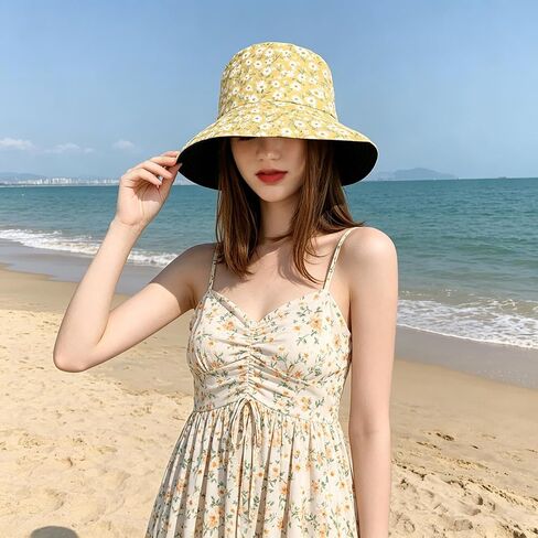 Yellow Watercolor Daisy Bucket Hat for Women, Wide Brim | Reversible, Foldable, UV Protection, Fisherman Sun Hat in Kuwait