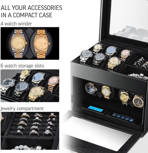 TIMECUBE Watch Winder with 6 Storage Slots, Jewelry Organizer and LED Interior Light (Black) in Saudi Arabia