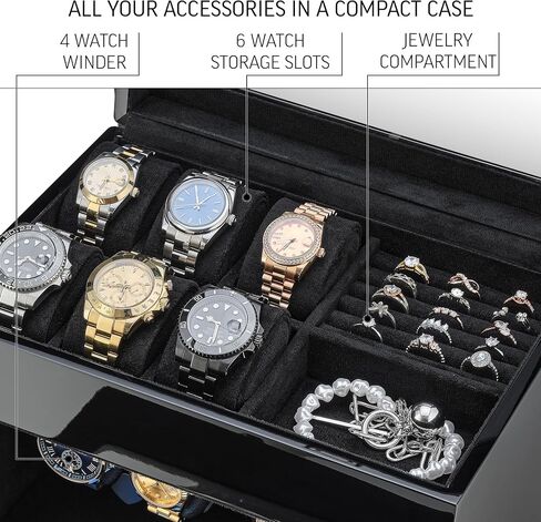 TIMECUBE Watch Winder with 6 Storage Slots, Jewelry Organizer and LED Interior Light (Black) in Saudi Arabia