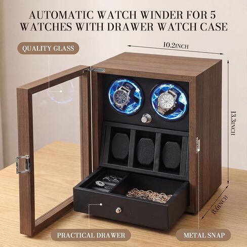 Liliaafar Luxury Watch Winder for 2 Automatic Watches, Winders with 3 Watch Holders and Jewelry Storage Ultra Quiet Motor, LED Display, Wooden Winder Case for Men, Gift for Fathers Day in Kuwait
