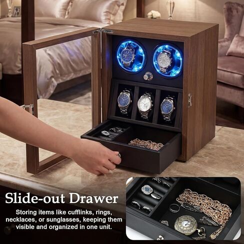 Liliaafar Luxury Watch Winder for 2 Automatic Watches, Winders with 3 Watch Holders and Jewelry Storage Ultra Quiet Motor, LED Display, Wooden Winder Case for Men, Gift for Fathers Day in Kuwait