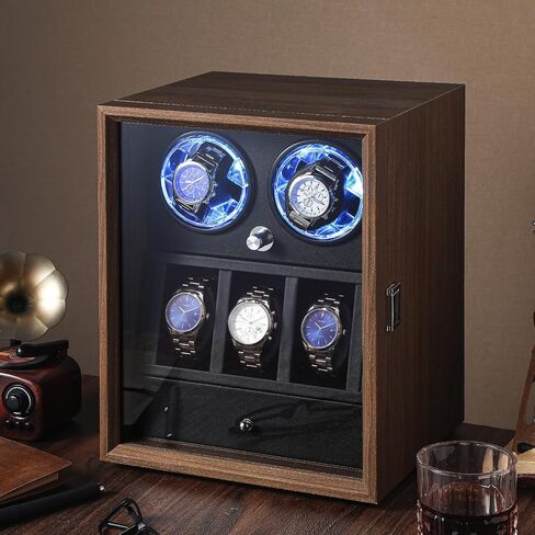 Liliaafar Luxury Watch Winder for 2 Automatic Watches, Winders with 3 Watch Holders and Jewelry Storage Ultra Quiet Motor, LED Display, Wooden Winder Case for Men, Gift for Fathers Day in Kuwait