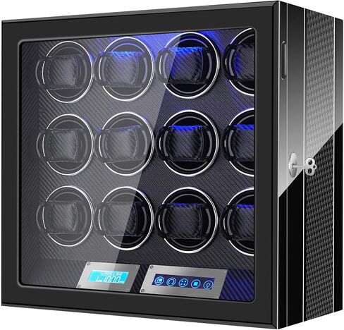 9/12-Slot Watch Winder for Automatic Watches – Ultra-Quiet Japanese Motors, Built-in LED Illumination, LCD Touchscreen Control, Equipped with Adjustable Watch Pillows, Ideal Gift for Watch Enthusiasts in Kuwait