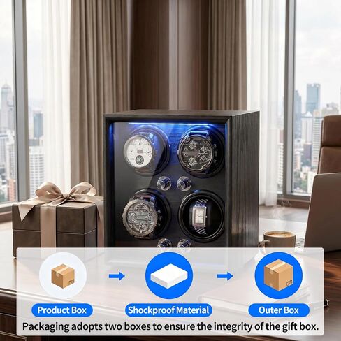 Oryx Watch Winder for 4 Automatic Watches, Rotating Watch Box 5 Rotation Modes Setting Display Case with LED Light, AC/USB Powered Super Quiet Mabuchi Motor in Saudi Arabia
