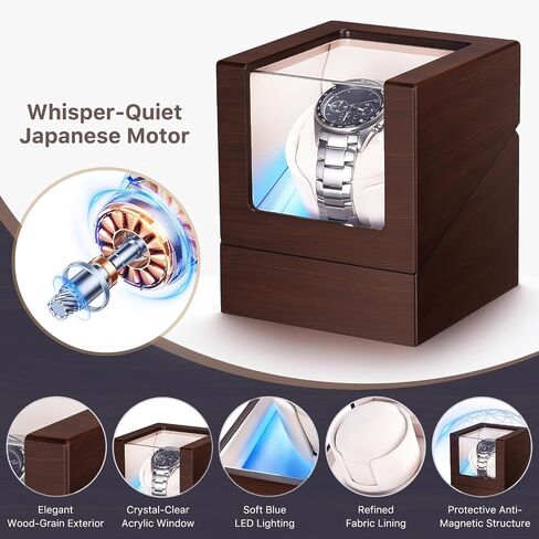 Watch Winder for Automatic Watches, Ultra Quiet Japanese Motor (<5 db), Wooden Self Winding Watch Case with Blue Ambient Light, Gift for Men Women Dad in Saudi Arabia
