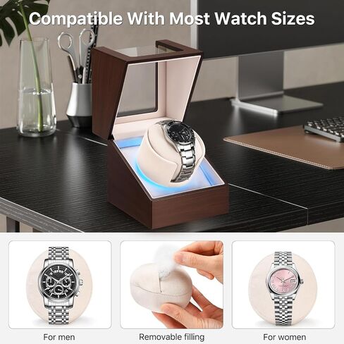Watch Winder for Automatic Watches, Ultra Quiet Japanese Motor (<5 db), Wooden Self Winding Watch Case with Blue Ambient Light, Gift for Men Women Dad in Saudi Arabia