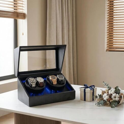 4 Watch Winder for Automatic Watches, Watch Rotator for Rolex 5 Rotation Modes Box with Blue Light, Watches Winder Case USB-C or Battery Powered Present for Men Quiet Mabuchi Motor(≤5db) in Saudi Arabia