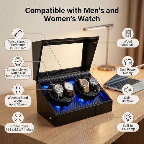 4 Watch Winder for Automatic Watches, Watch Rotator for Rolex 5 Rotation Modes Box with Blue Light, Watches Winder Case USB-C or Battery Powered Present for Men Quiet Mabuchi Motor(≤5db) in Saudi Arabia