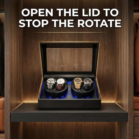 4 Watch Winder for Automatic Watches, Watch Rotator for Rolex 5 Rotation Modes Box with Blue Light, Watches Winder Case USB-C or Battery Powered Present for Men Quiet Mabuchi Motor(≤5db) in Saudi Arabia