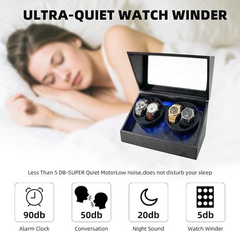 4 Watch Winder for Automatic Watches, Watch Rotator for Rolex 5 Rotation Modes Box with Blue Light, Watches Winder Case USB-C or Battery Powered Present for Men Quiet Mabuchi Motor(≤5db) in Saudi Arabia