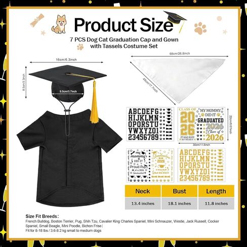 7 PCS Dog Cat Graduation Cap and Gown with Tassels Costume Set Include 2026 Pet Grad Cap and Gown Bandana Puppy DIY Iron-On Letter Stickers for Dogs Cats Holiday Grad Party Dress Costume Accessory in Saudi Arabia