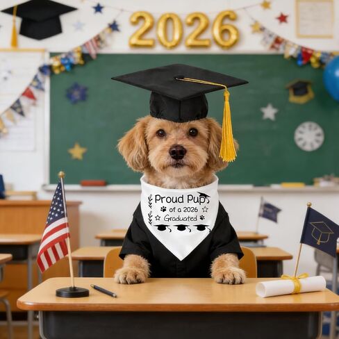 7 PCS Dog Cat Graduation Cap and Gown with Tassels Costume Set Include 2026 Pet Grad Cap and Gown Bandana Puppy DIY Iron-On Letter Stickers for Dogs Cats Holiday Grad Party Dress Costume Accessory in Saudi Arabia