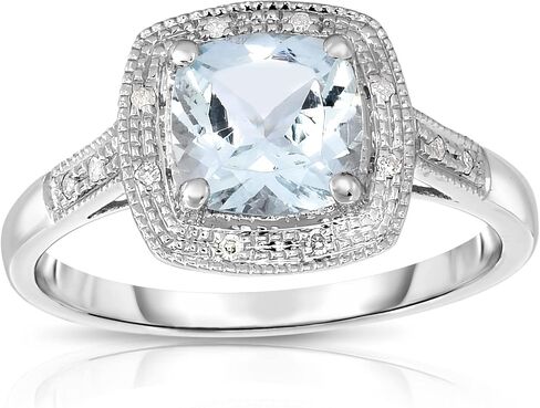 14K White Gold Genuine Aquamarine 7mm Cushion Diamond Ring in Kuwait