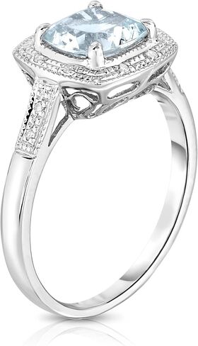 14K White Gold Genuine Aquamarine 7mm Cushion Diamond Ring in Kuwait