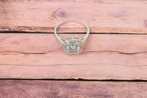 14K White Gold Genuine Aquamarine 7mm Cushion Diamond Ring in Kuwait