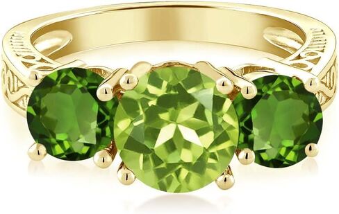 Gem Stone King 2.35 Ct Green Peridot Chrome Diopside 18K Yellow Gold Plated Silver 3-Stone Ring in Kuwait