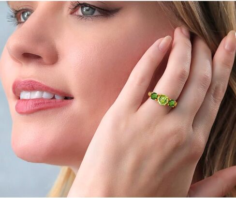 Gem Stone King 2.35 Ct Green Peridot Chrome Diopside 18K Yellow Gold Plated Silver 3-Stone Ring in Kuwait
