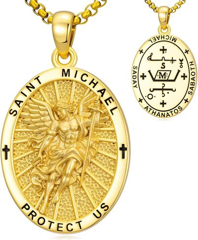 KQ&TTENG St. Michael Archangel Necklace 14k Gold Plated Round/Oval/Abalone/Shield Saint Michael Pendant Catholic Christian Protection Jewelry Gifts for Men Women in Saudi Arabia