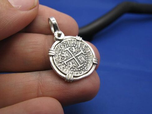 Sterling Silver Small Atocha Shipwreck Coin Replica in Custom Pendant Bezel with Shackle Bail in Kuwait