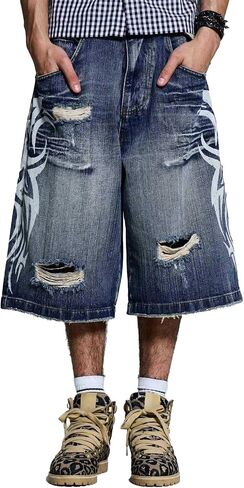 Y2K Jorts شورت جينز فضفاض ممزق برسومات ممزقة ملابس الشارع الشهير متزلج واسع الساق من قماش الدنيم 2000S in Kuwait