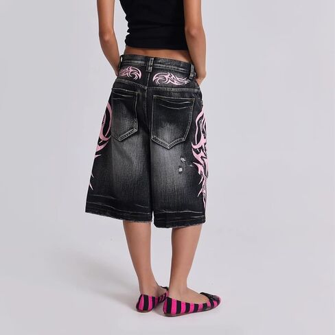 Y2K Jorts شورت جينز فضفاض ممزق برسومات ممزقة ملابس الشارع الشهير متزلج واسع الساق من قماش الدنيم 2000S in Kuwait