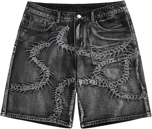 VIPWOLF الرجال حريش مطرزة جان السراويل خمر غسلها فضفاض الدينيم السراويل عارضة Jorts in Kuwait