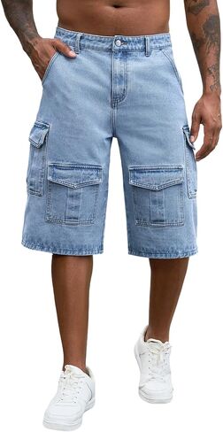 شورتات جينز فضفاضة للرجال Y2K Jorts الهيب هوب سكيت شورتات طويلة من قماش الدنيم سراويل كابري in Kuwait