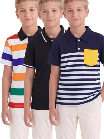 PureChapter 3 Pack Boys Polo Shirts Short Sleeve Knit Solid Striped Color Block School Uniform Golf Tops for 8-12 Years in Kuwait