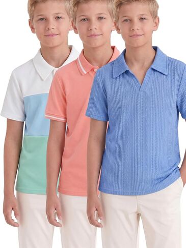 PureChapter 3 Pack Boys Polo Shirts Short Sleeve Knit Solid Striped Color Block School Uniform Golf Tops for 8-12 Years in Saudi Arabia
