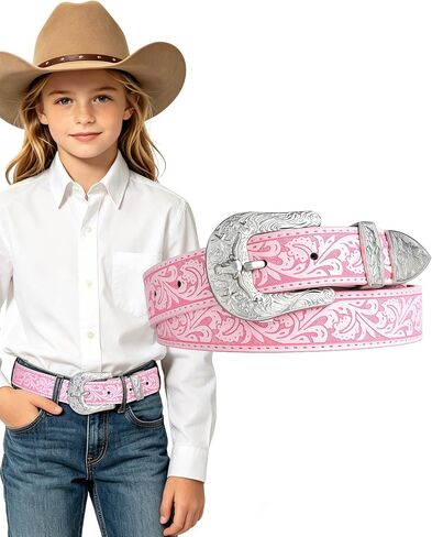 Kajeer Boy Western Belt for Kids,Cowboy Leather Belt Vintage Engraved Embossed Buckle Western Belts for Jeans Gifts in Kuwait