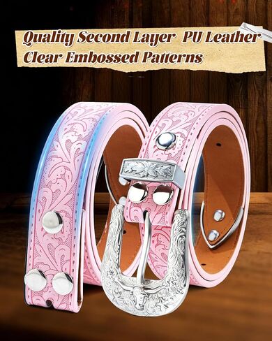 Kajeer Boy Western Belt for Kids,Cowboy Leather Belt Vintage Engraved Embossed Buckle Western Belts for Jeans Gifts in Kuwait