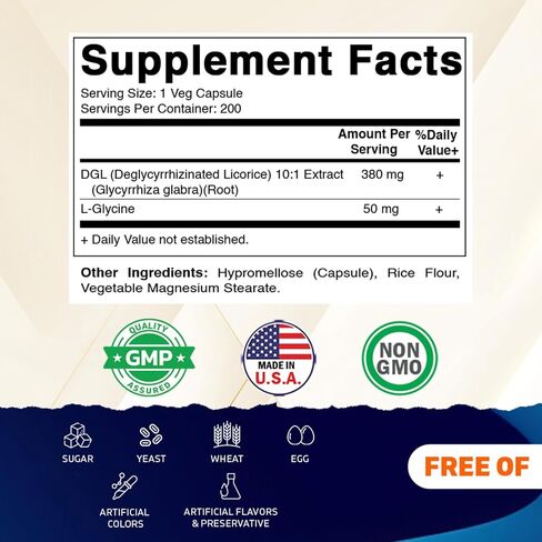 Vitamatic DGL عرق السوس 10:1 مستخلص 380 ملغ مع L-Glycine 50 ملغ لكل كبسولة - كبسولات نباتية - مكمل عشبي مركز - نباتي، غير معدّل وراثيًا - 200 قطعة in Kuwait