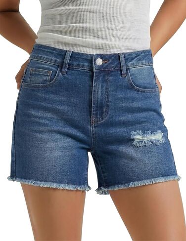 Luvamia شورتات جينز للنساء الصيف عالية الخصر بسط الدينيم السراويل عادية ممزق قطع Jorts البلد الحفل الزي in Kuwait
