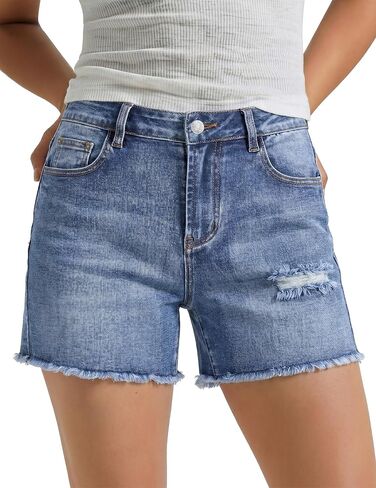 Luvamia شورتات جينز للنساء الصيف عالية الخصر بسط الدينيم السراويل عادية ممزق قطع Jorts البلد الحفل الزي in Kuwait