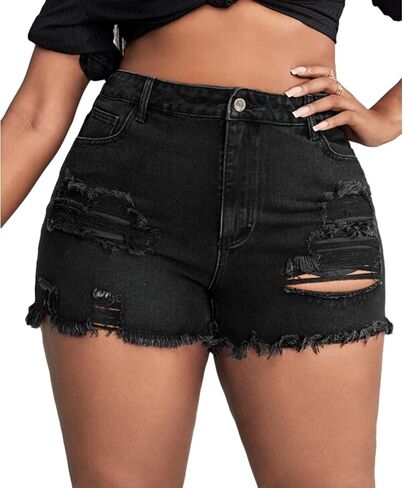 MapleHub Plus Size Women's Ripped Denim Jean Shorts High Waisted Stretchy Folded Hem Short Jeans in Saudi Arabia