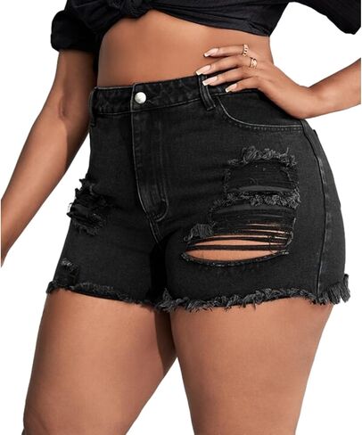 MapleHub Plus Size Women's Ripped Denim Jean Shorts High Waisted Stretchy Folded Hem Short Jeans in Saudi Arabia