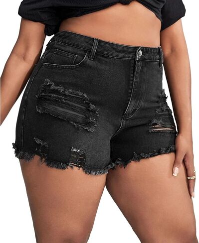 MapleHub Plus Size Women's Ripped Denim Jean Shorts High Waisted Stretchy Folded Hem Short Jeans in Saudi Arabia
