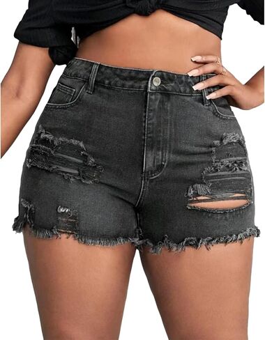 MapleHub Plus Size Women's Ripped Denim Jean Shorts High Waisted Stretchy Folded Hem Short Jeans in Saudi Arabia