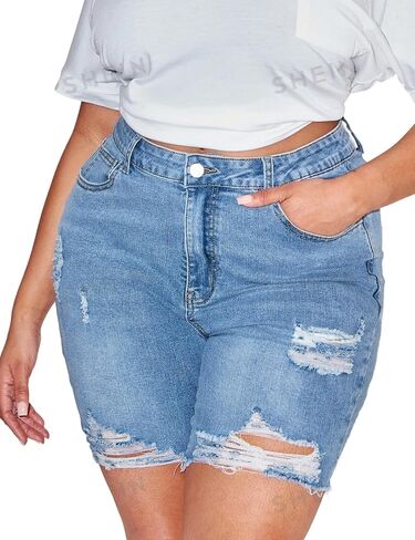 MapleHub Plus Size Women's Ripped Denim Jean Shorts High Waisted Stretchy Folded Hem Short Jeans in Saudi Arabia