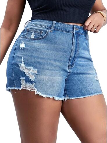 MapleHub Plus Size Women's Ripped Denim Jean Shorts High Waisted Stretchy Folded Hem Short Jeans in Saudi Arabia