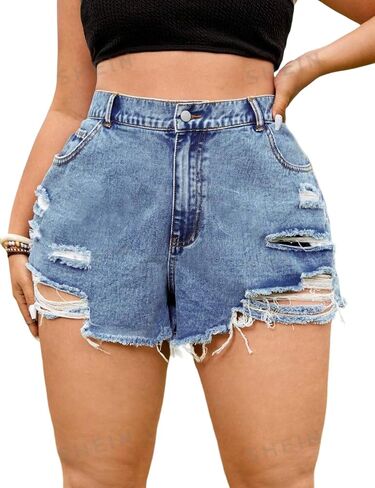 MapleHub Plus Size Women's Ripped Denim Jean Shorts High Waisted Stretchy Folded Hem Short Jeans in Saudi Arabia