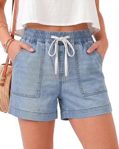 شورت جينز GRAPENT للسيدات بخصر عالٍ برباط Jorts بخصر مطاطي سحب على شورت دينم قابل للتمدد مع جيوب in Kuwait