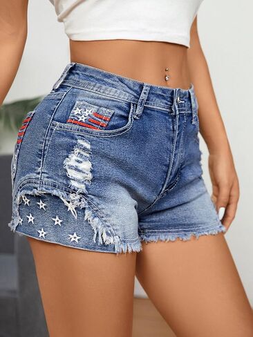 شورت جينز Mxiqqpltky للسيدات بخصر عالٍ وطباعة مخططة على شكل نجمة وحاشية متوترة شورت دينم ضيق ملابس الرابع من يوليو in Kuwait