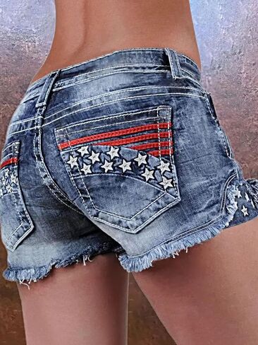 شورت جينز Mxiqqpltky للسيدات بخصر عالٍ وطباعة مخططة على شكل نجمة وحاشية متوترة شورت دينم ضيق ملابس الرابع من يوليو in Kuwait