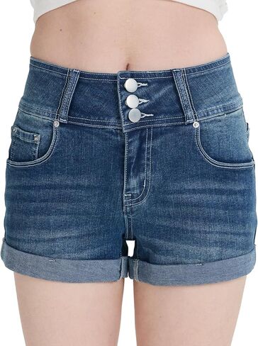 Women's High Waisted Cuffed Denim Shorts Triple Button Fly Vintage Wash Jean Shorts High Stretch in Kuwait